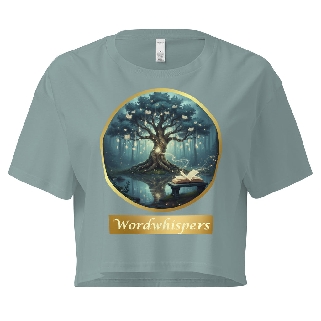 Book lover crop top mineral - Mystical Tree gold ribbon design - women's literary apparel