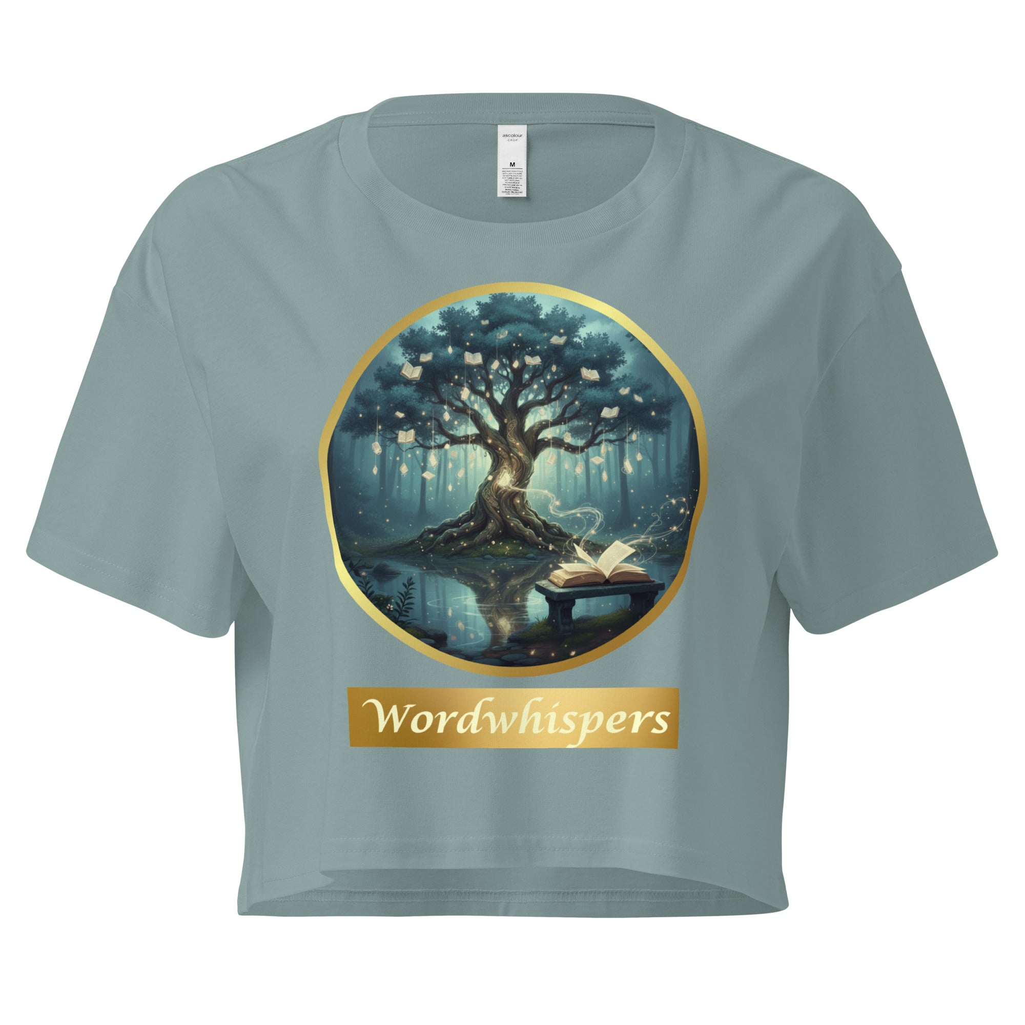 Book lover crop top mineral - Mystical Tree gold ribbon design - women's literary apparel
