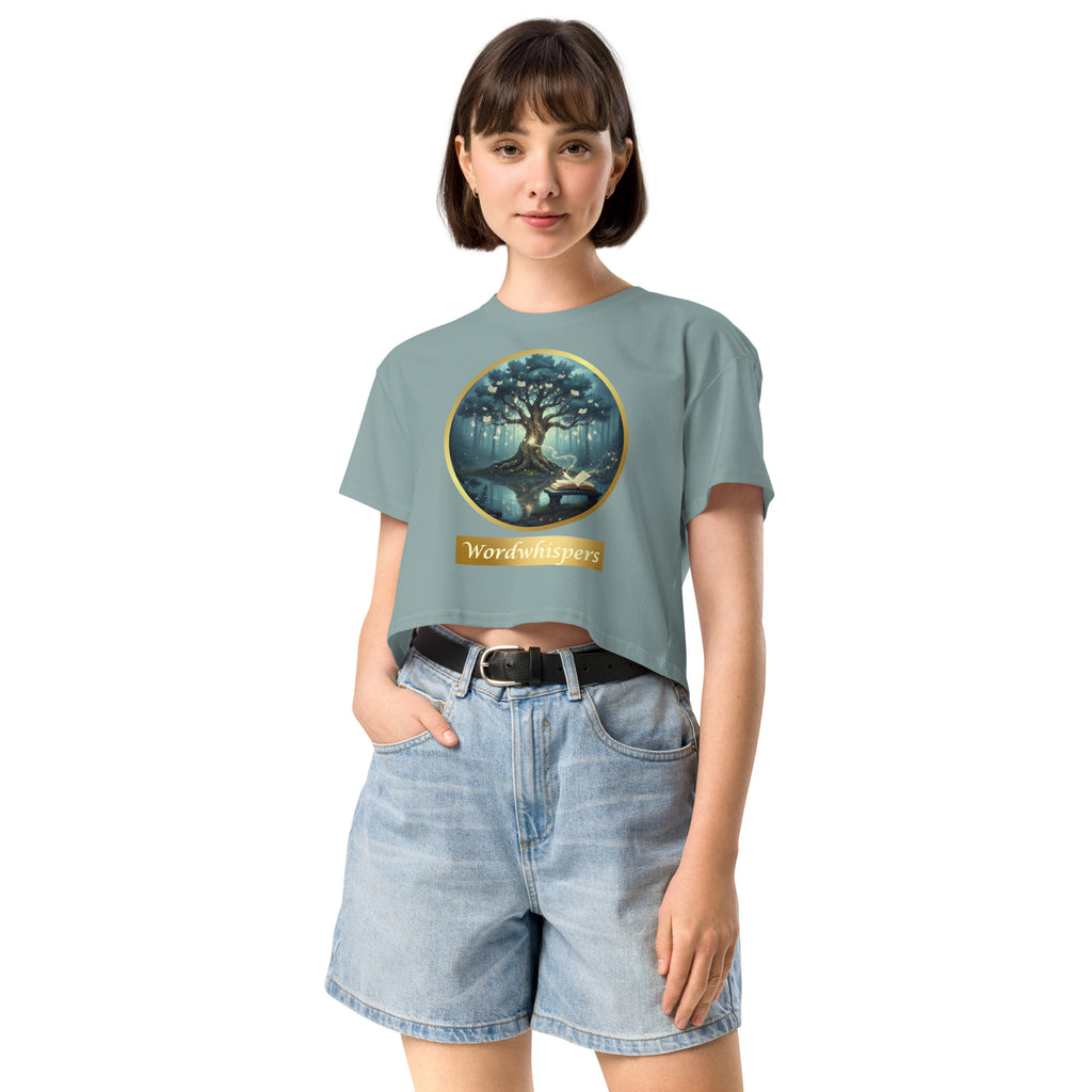 Book lover crop top mineral - Mystical Tree gold ribbon design - women's literary apparel