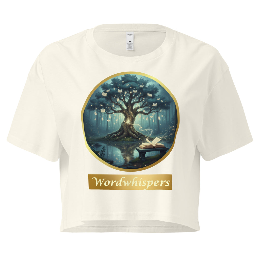 Book lover crop top natural - Mystical Tree gold ribbon design - women's literary apparel