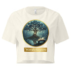 Book lover crop top natural - Mystical Tree gold ribbon design - women's literary apparel