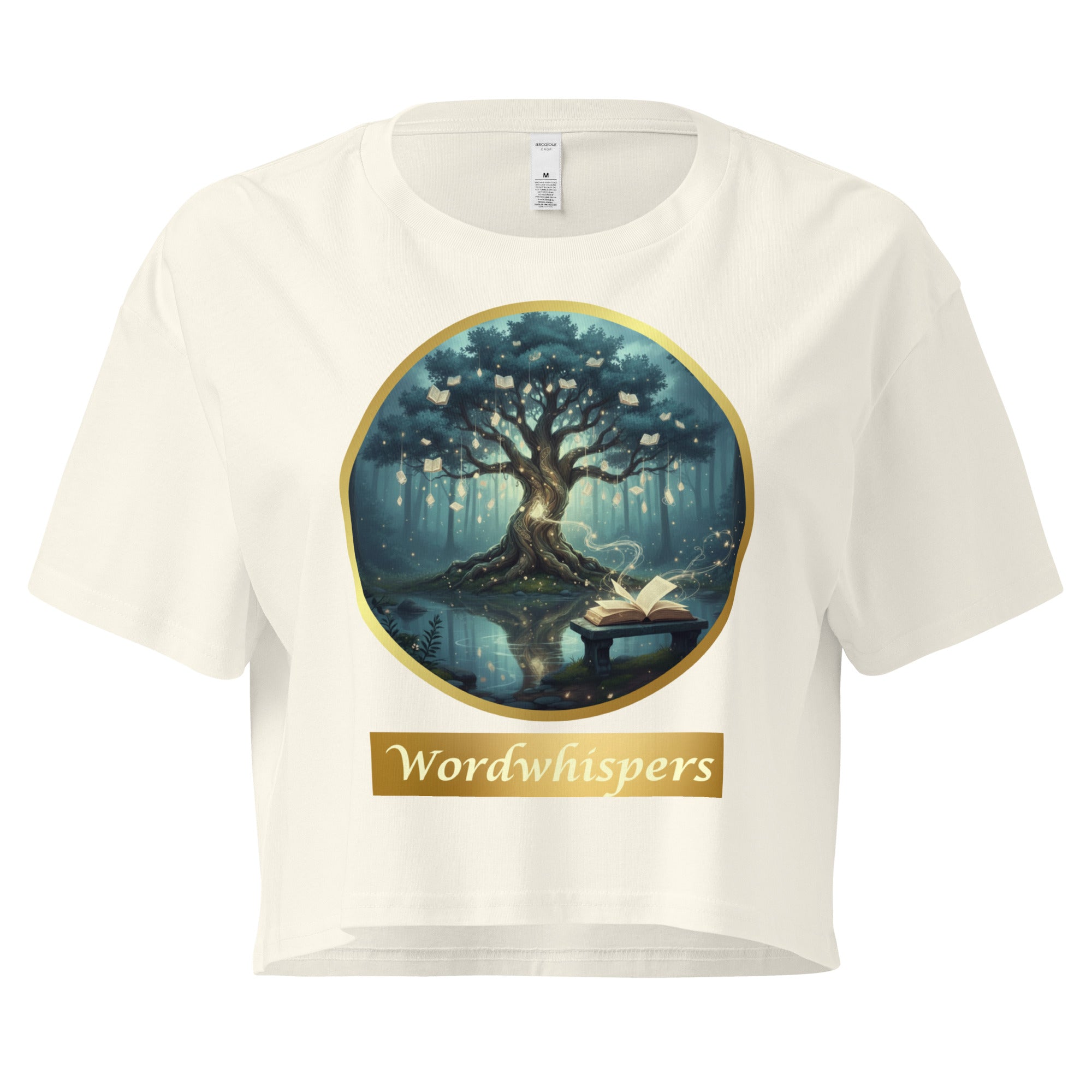 Book lover crop top natural - Mystical Tree gold ribbon design - women's literary apparel