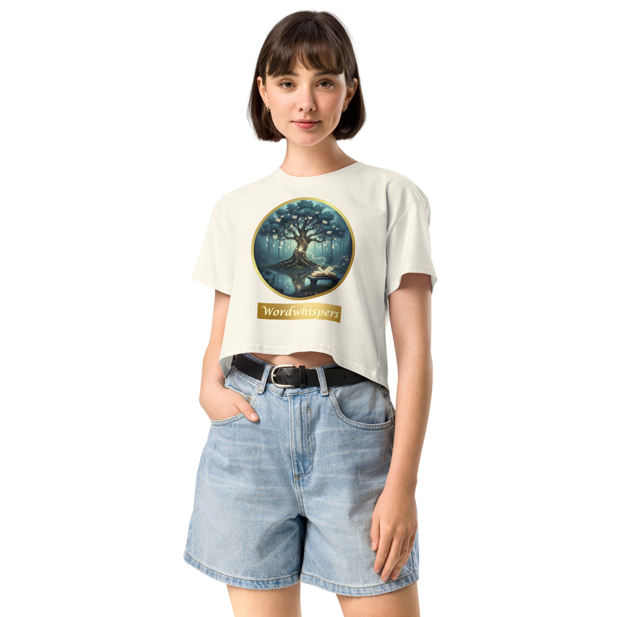Book lover crop top natural - Mystical Tree gold ribbon design - women's literary apparel