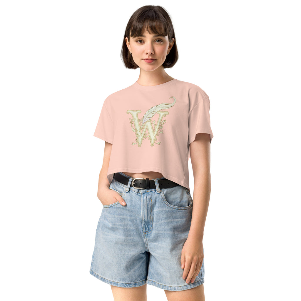 Book lover crop top pale pink - Wordwhispers cream logo front - women's literary apparel