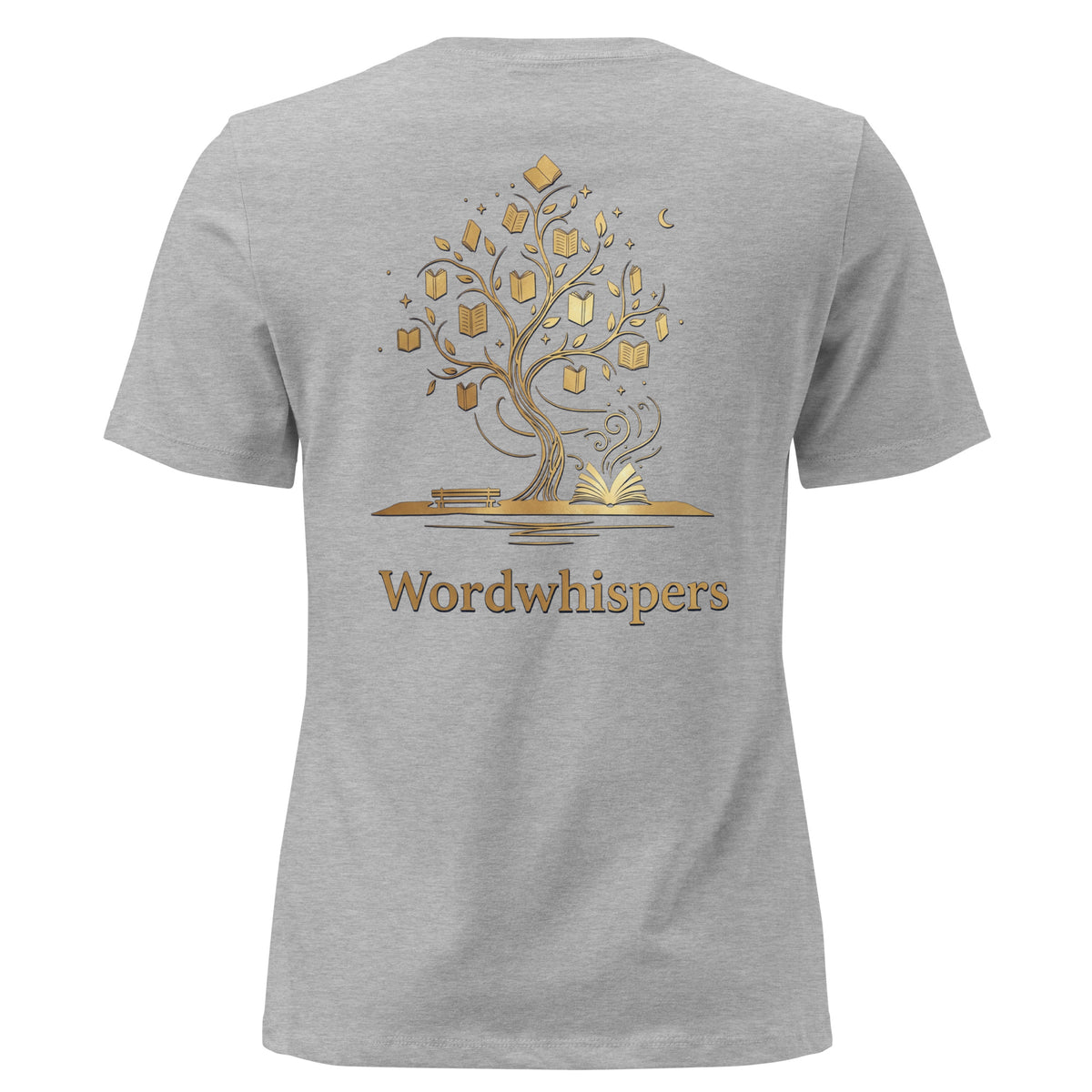 Back view of women’s relaxed-fit T-shirt featuring a gold tree with books among its branches, stars, a crescent moon, and Wordwhispers lettering beneath in athletic heather