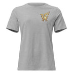 Front view of women’s relaxed-fit crewneck T-shirt with a gold Wordwhispers W-and-quill emblem on the left chest in athletic heather