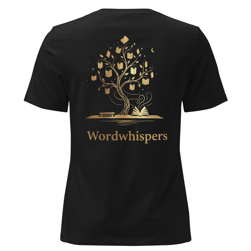 Back view of women’s relaxed-fit T-shirt featuring a gold tree with books among its branches, stars, a crescent moon, and Wordwhispers lettering beneath in black
