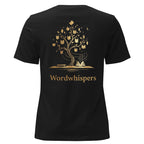 Back view of women’s relaxed-fit T-shirt featuring a gold tree with books among its branches, stars, a crescent moon, and Wordwhispers lettering beneath in black