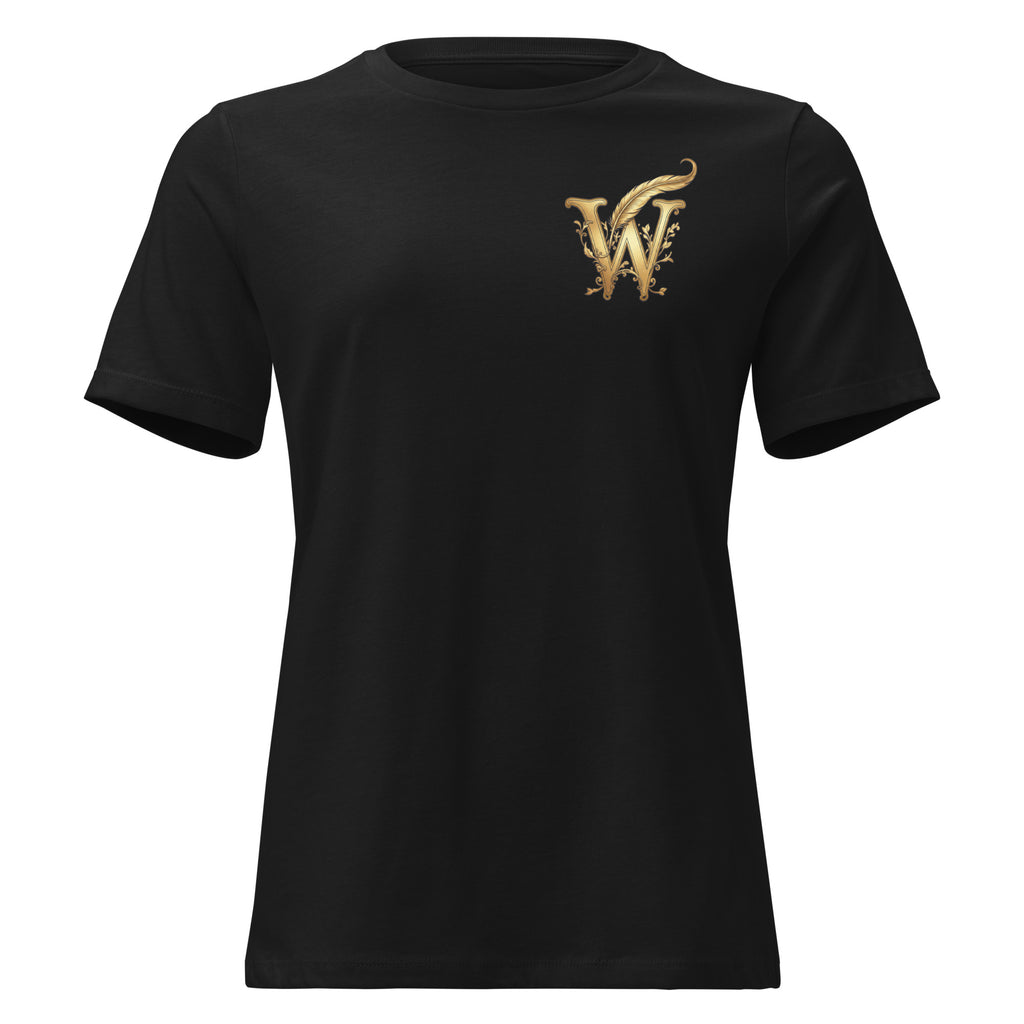 Front view of women’s relaxed-fit crewneck T-shirt with a gold Wordwhispers W-and-quill emblem on the left chest in black