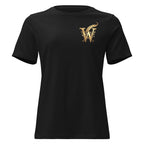 Front view of women’s relaxed-fit crewneck T-shirt with a gold Wordwhispers W-and-quill emblem on the left chest in black