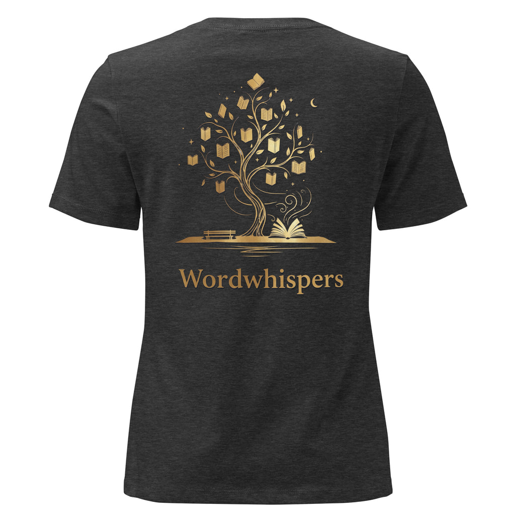 Back view of women’s relaxed-fit T-shirt featuring a gold tree with books among its branches, stars, a crescent moon, and Wordwhispers lettering beneath in dark grey heather