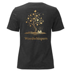 Back view of women’s relaxed-fit T-shirt featuring a gold tree with books among its branches, stars, a crescent moon, and Wordwhispers lettering beneath in dark grey heather