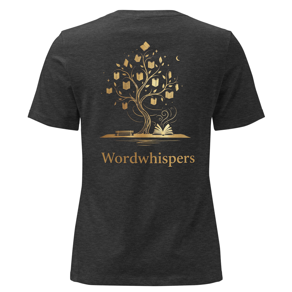 Back view of women’s relaxed-fit T-shirt featuring a gold tree with books among its branches, stars, a crescent moon, and Wordwhispers lettering beneath in dark grey heather