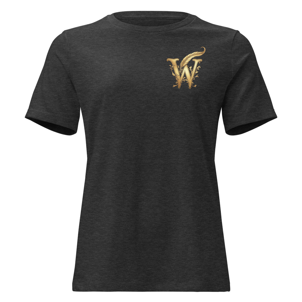 Front view of women’s relaxed-fit crewneck T-shirt with a gold Wordwhispers W-and-quill emblem on the left chest in grey heather