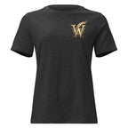 Front view of women’s relaxed-fit crewneck T-shirt with a gold Wordwhispers W-and-quill emblem on the left chest in grey heather