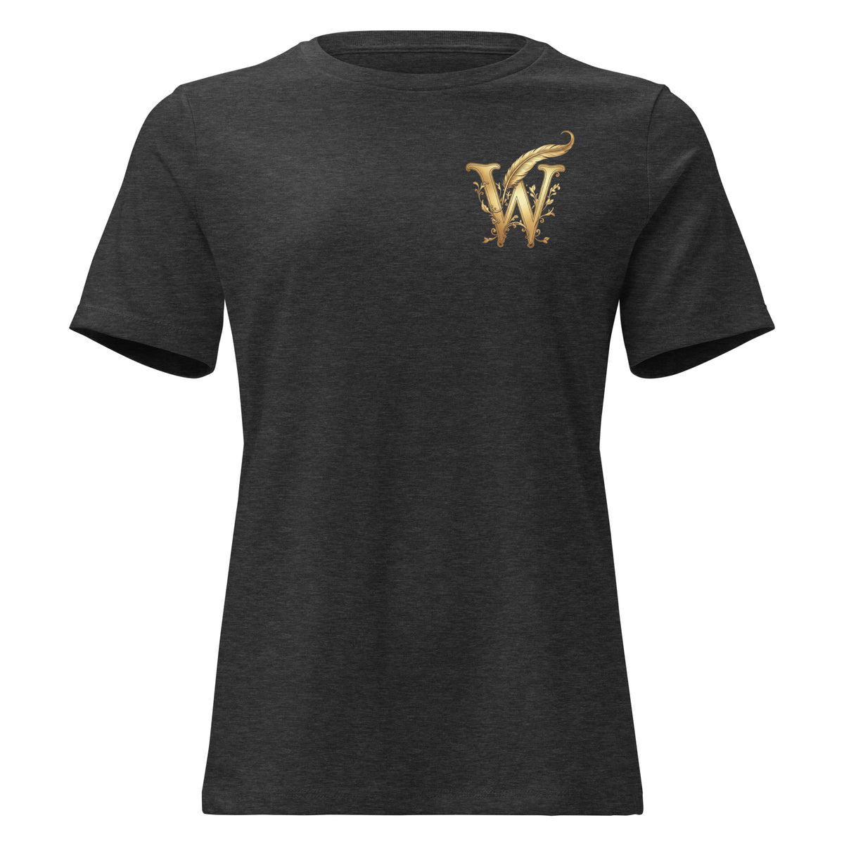 Front view of women’s relaxed-fit crewneck T-shirt with a gold Wordwhispers W-and-quill emblem on the left chest in grey heather