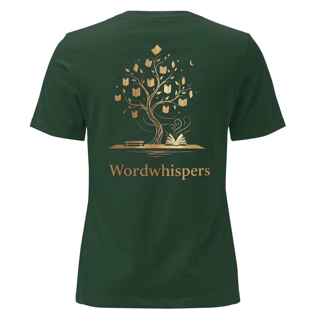 Back view of women’s relaxed-fit T-shirt featuring a gold tree with books among its branches, stars, a crescent moon, and Wordwhispers lettering beneath in forest green