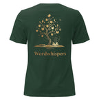 Back view of women’s relaxed-fit T-shirt featuring a gold tree with books among its branches, stars, a crescent moon, and Wordwhispers lettering beneath in forest green
