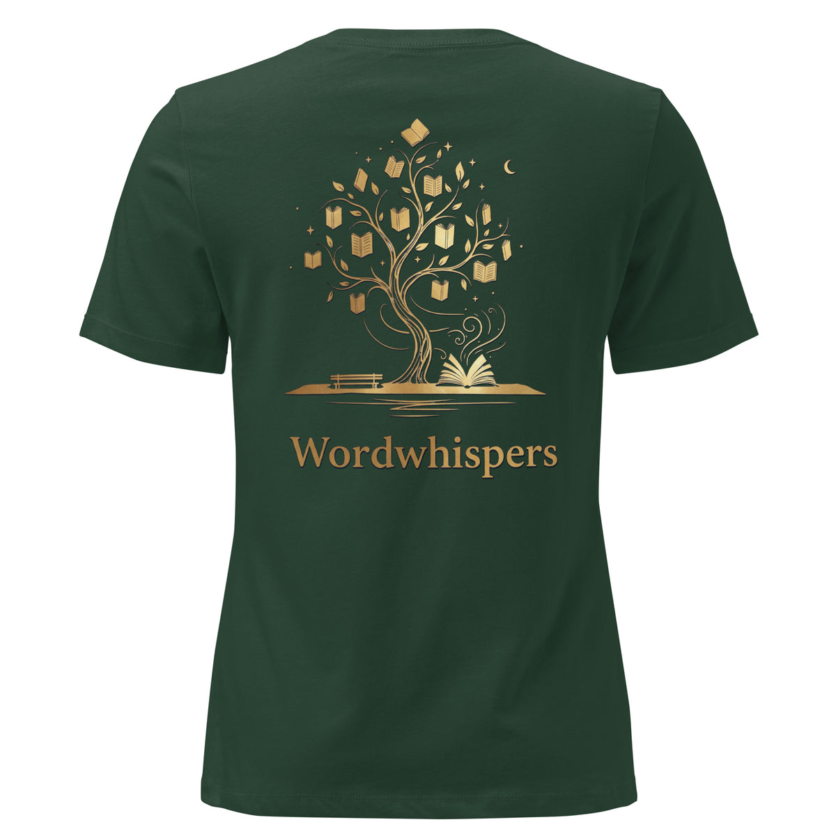 Back view of women’s relaxed-fit T-shirt featuring a gold tree with books among its branches, stars, a crescent moon, and Wordwhispers lettering beneath in forest green