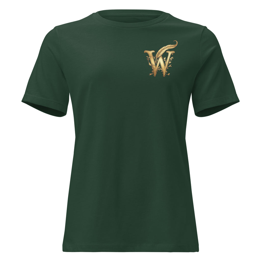 Front view of women’s relaxed-fit crewneck T-shirt with a gold Wordwhispers W-and-quill emblem on the left chest in forest green