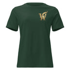 Front view of women’s relaxed-fit crewneck T-shirt with a gold Wordwhispers W-and-quill emblem on the left chest in forest green