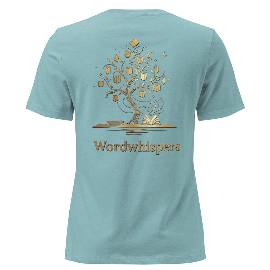 Back view of women’s relaxed-fit T-shirt featuring a gold tree with books among its branches, stars, a crescent moon, and Wordwhispers lettering beneath in heather blue lagoon