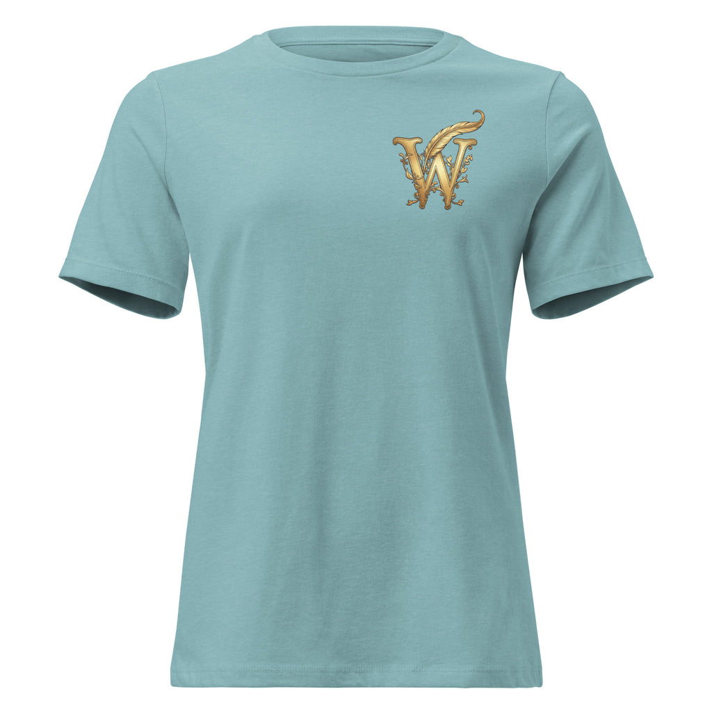 Front view of women’s relaxed-fit crewneck T-shirt with a gold Wordwhispers W-and-quill emblem on the left chest in heather blue lagoon