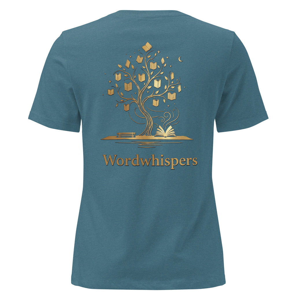 Back view of women’s relaxed-fit T-shirt featuring a gold tree with books among its branches, stars, a crescent moon, and Wordwhispers lettering beneath in heather deep teal