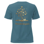 Back view of women’s relaxed-fit T-shirt featuring a gold tree with books among its branches, stars, a crescent moon, and Wordwhispers lettering beneath in heather deep teal