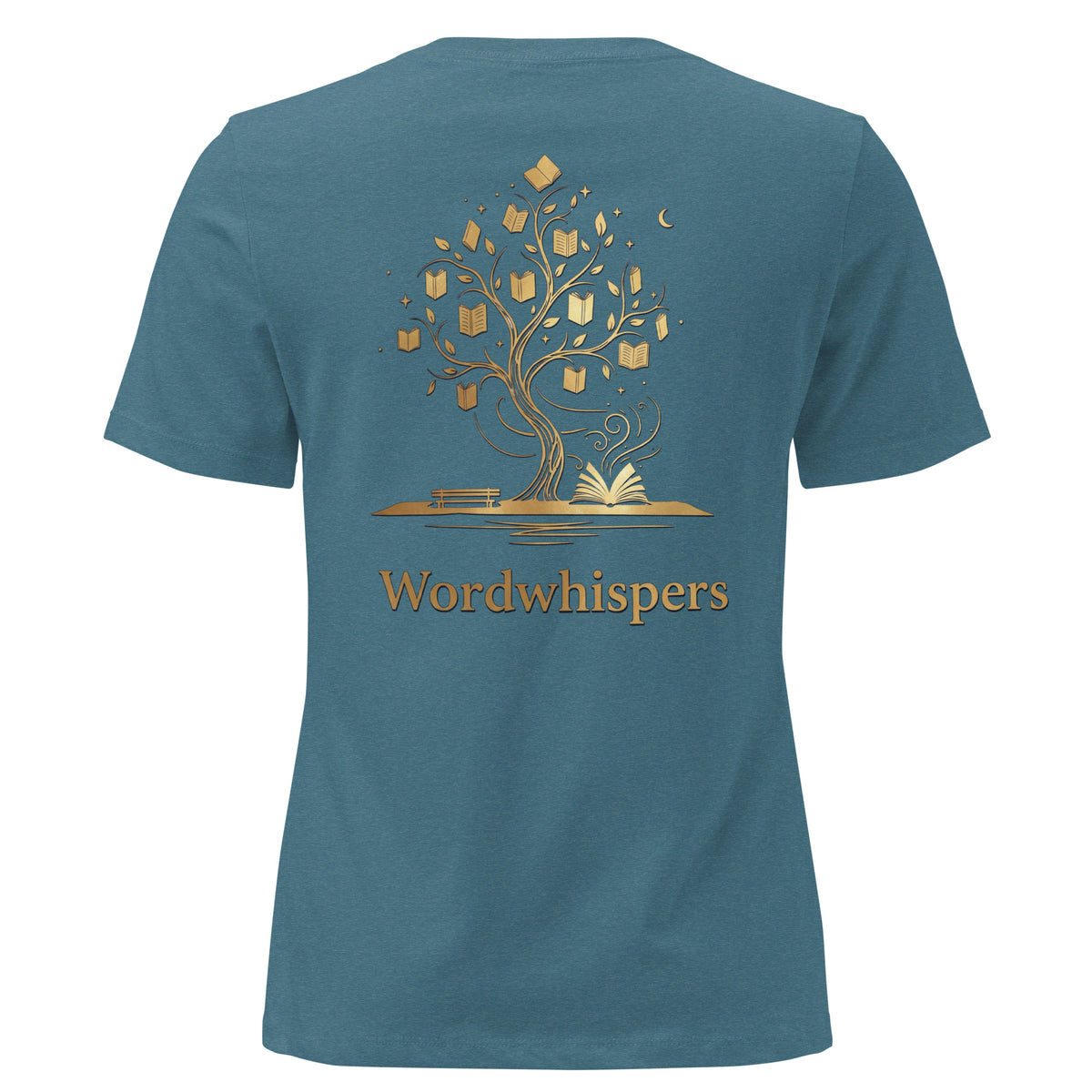 Back view of women’s relaxed-fit T-shirt featuring a gold tree with books among its branches, stars, a crescent moon, and Wordwhispers lettering beneath in heather deep teal