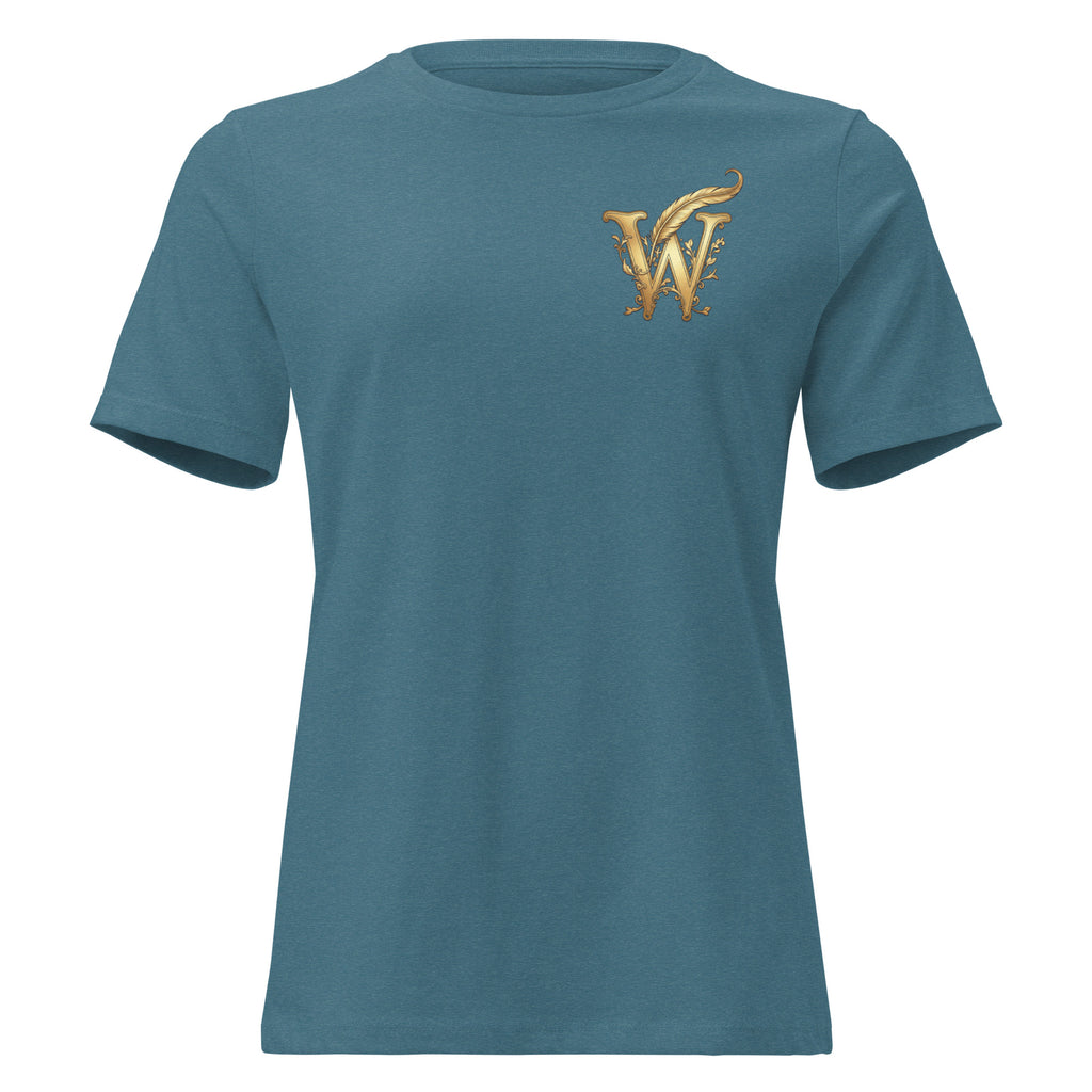 Front view of women’s relaxed-fit crewneck T-shirt with a gold Wordwhispers W-and-quill emblem on the left chest in heather deep teal