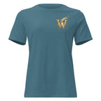 Front view of women’s relaxed-fit crewneck T-shirt with a gold Wordwhispers W-and-quill emblem on the left chest in heather deep teal