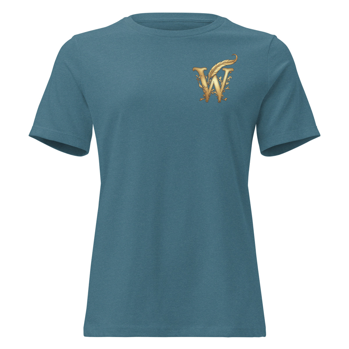 Front view of women’s relaxed-fit crewneck T-shirt with a gold Wordwhispers W-and-quill emblem on the left chest in heather deep teal