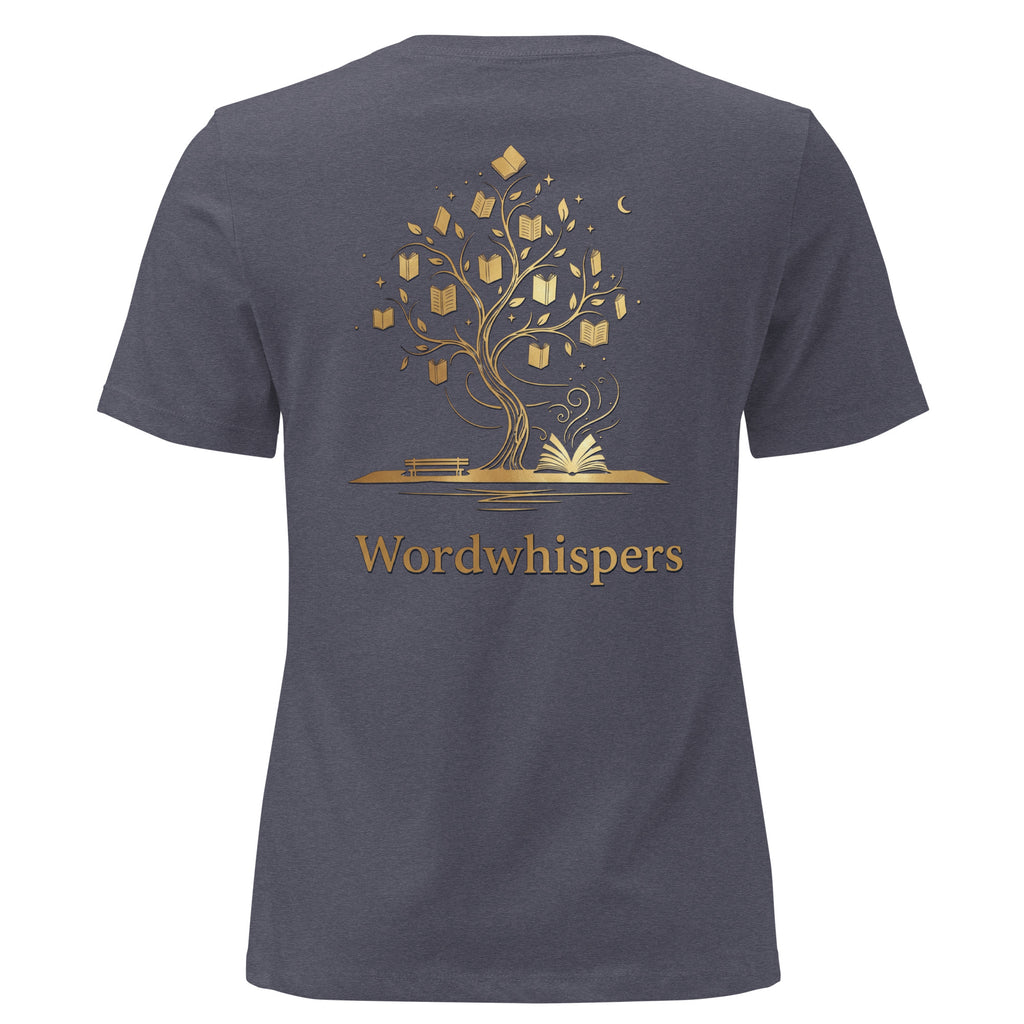 Back view of women’s relaxed-fit T-shirt featuring a gold tree with books among its branches, stars, a crescent moon, and Wordwhispers lettering beneath in heather navy