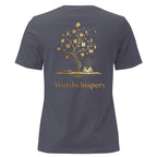 Back view of women’s relaxed-fit T-shirt featuring a gold tree with books among its branches, stars, a crescent moon, and Wordwhispers lettering beneath in heather navy