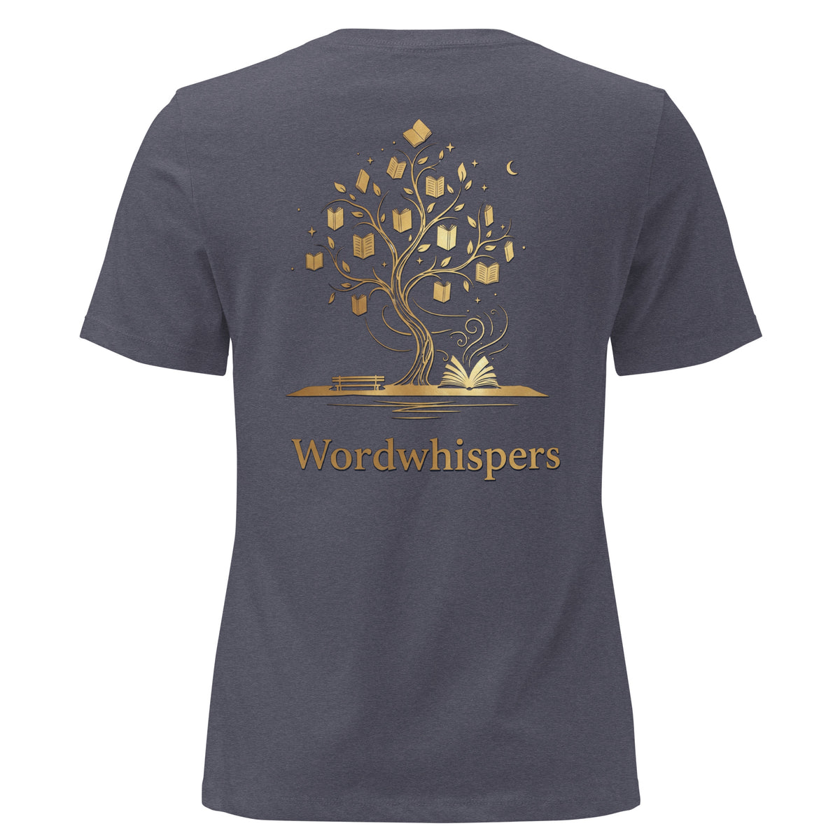 Back view of women’s relaxed-fit T-shirt featuring a gold tree with books among its branches, stars, a crescent moon, and Wordwhispers lettering beneath in heather navy