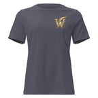 Front view of women’s relaxed-fit crewneck T-shirt with a gold Wordwhispers W-and-quill emblem on the left chest in heather navy