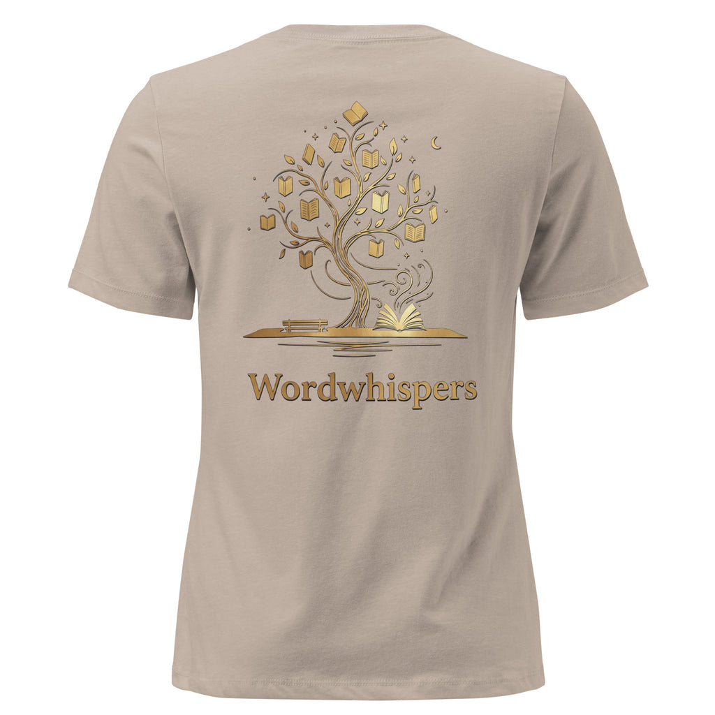 Back view of women’s relaxed-fit T-shirt featuring a gold tree with books among its branches, stars, a crescent moon, and Wordwhispers lettering beneath in stone