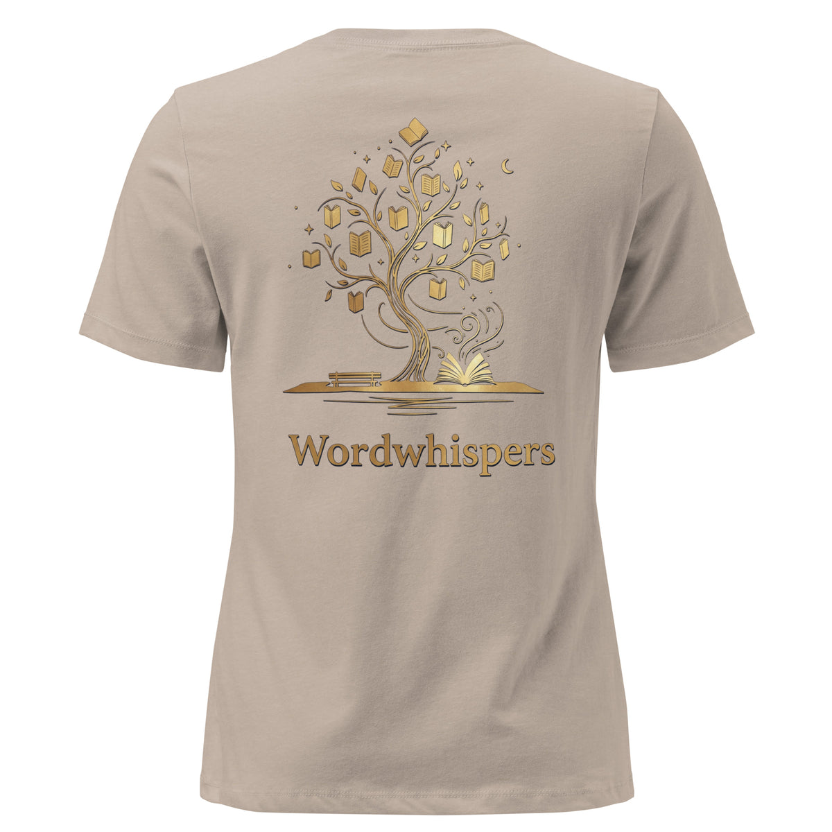 Back view of women’s relaxed-fit T-shirt featuring a gold tree with books among its branches, stars, a crescent moon, and Wordwhispers lettering beneath in stone