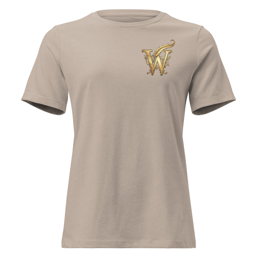 Front view of women’s relaxed-fit crewneck T-shirt with a gold Wordwhispers W-and-quill emblem on the left chest in heather stone