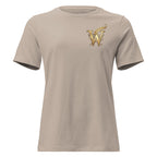 Front view of women’s relaxed-fit crewneck T-shirt with a gold Wordwhispers W-and-quill emblem on the left chest in heather stone
