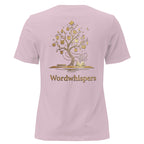 Back view of women’s relaxed-fit T-shirt featuring a gold tree with books among its branches, stars, a crescent moon, and Wordwhispers lettering beneath in light violet