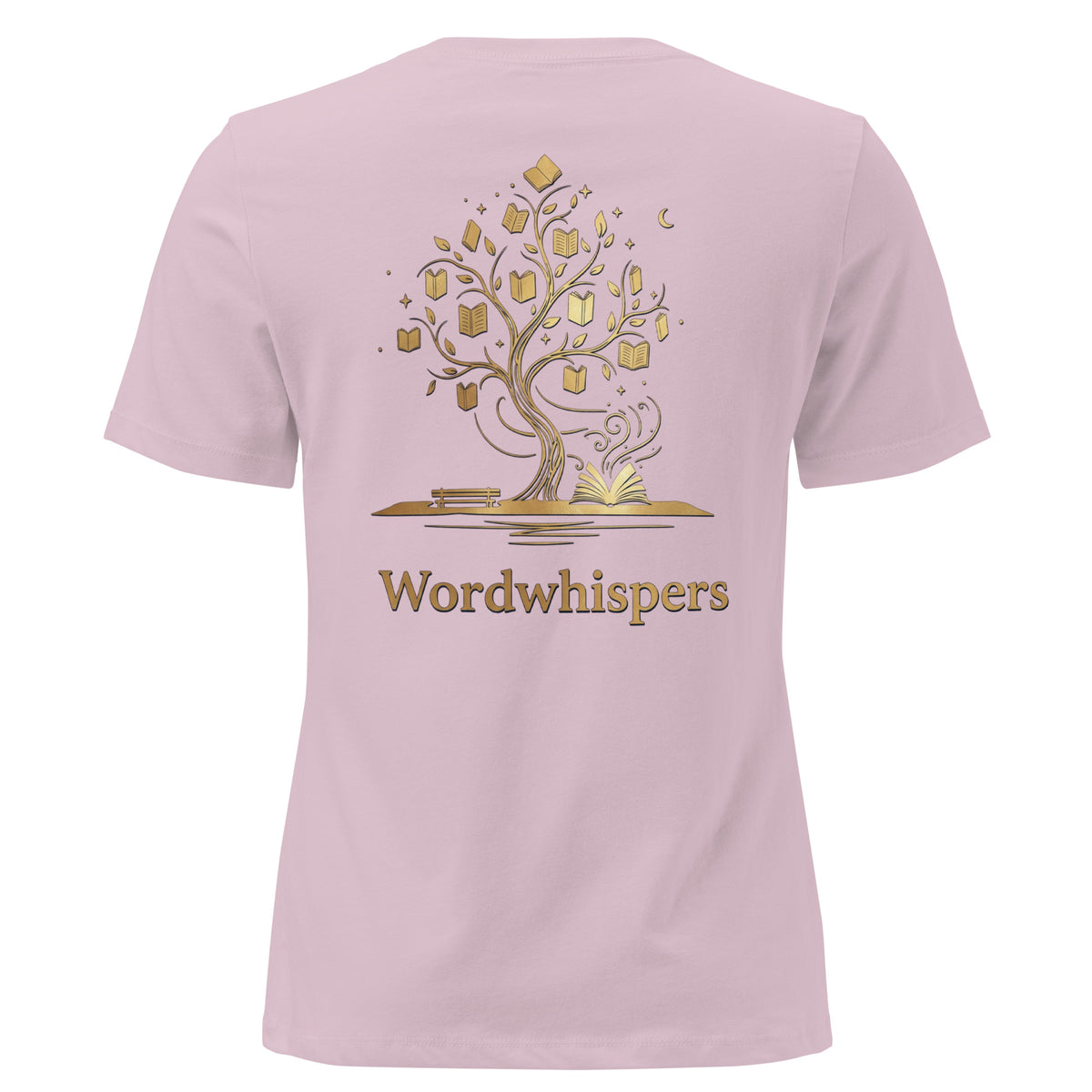 Back view of women’s relaxed-fit T-shirt featuring a gold tree with books among its branches, stars, a crescent moon, and Wordwhispers lettering beneath in light violet