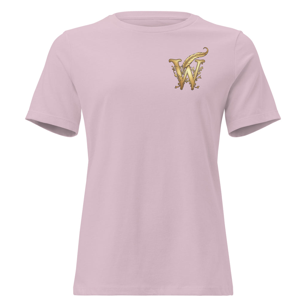 Front view of women’s relaxed-fit crewneck T-shirt with a gold Wordwhispers W-and-quill emblem on the left chest in light violet