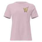Front view of women’s relaxed-fit crewneck T-shirt with a gold Wordwhispers W-and-quill emblem on the left chest in light violet