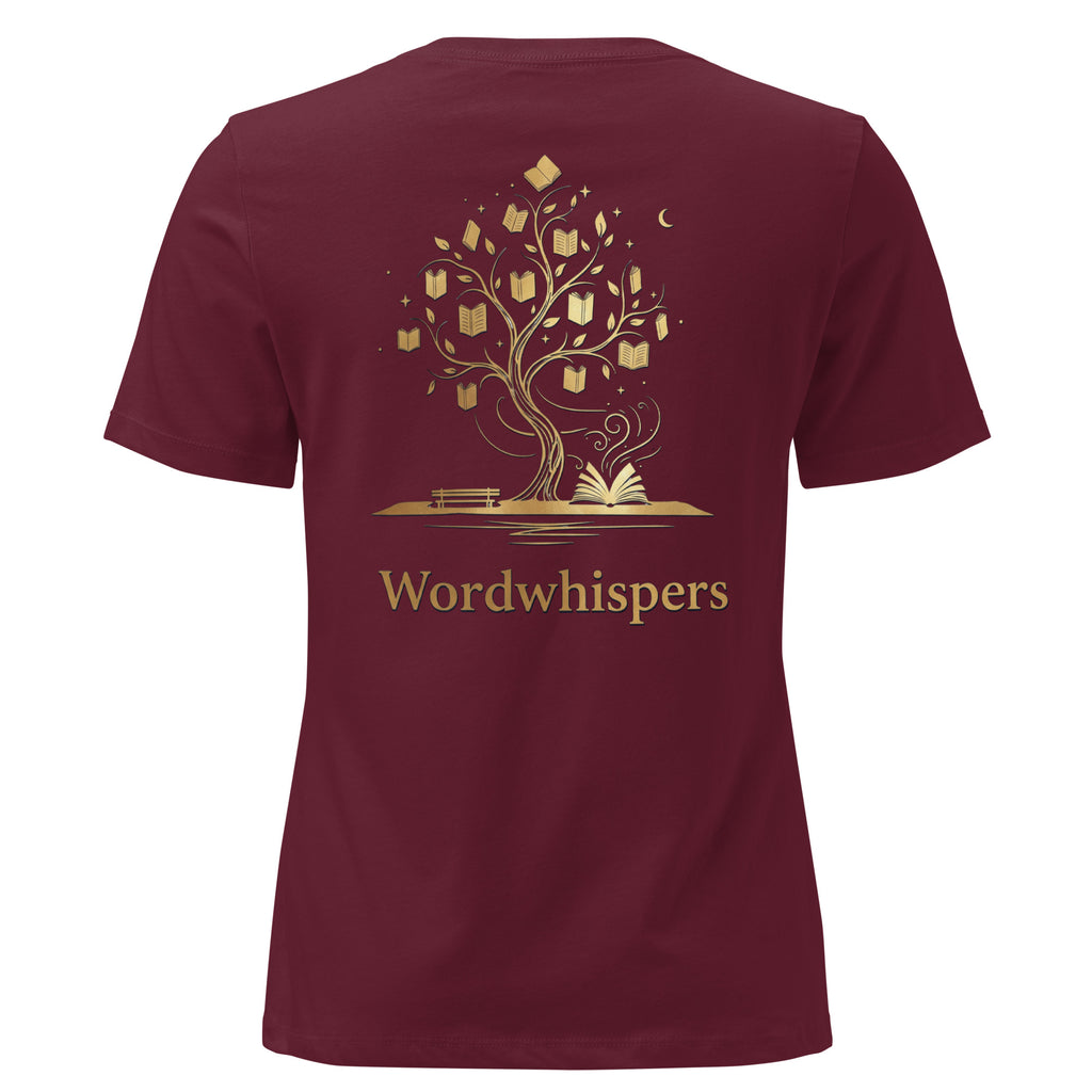 Back view of women’s relaxed-fit T-shirt featuring a gold tree with books among its branches, stars, a crescent moon, and Wordwhispers lettering beneath in maroon