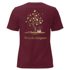 Back view of women’s relaxed-fit T-shirt featuring a gold tree with books among its branches, stars, a crescent moon, and Wordwhispers lettering beneath in maroon