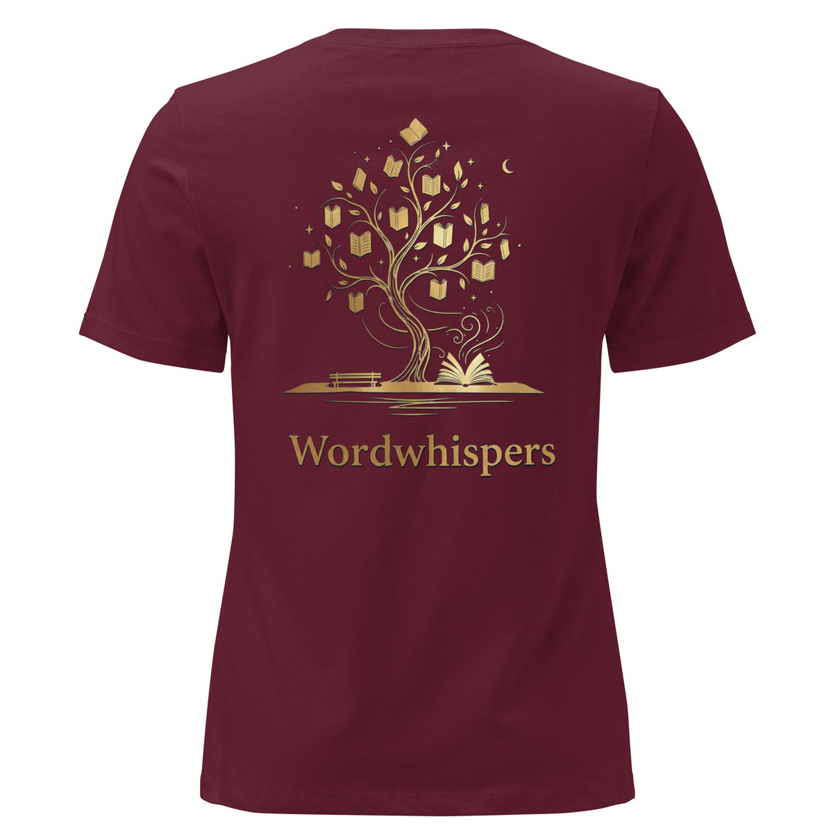 Back view of women’s relaxed-fit T-shirt featuring a gold tree with books among its branches, stars, a crescent moon, and Wordwhispers lettering beneath in maroon