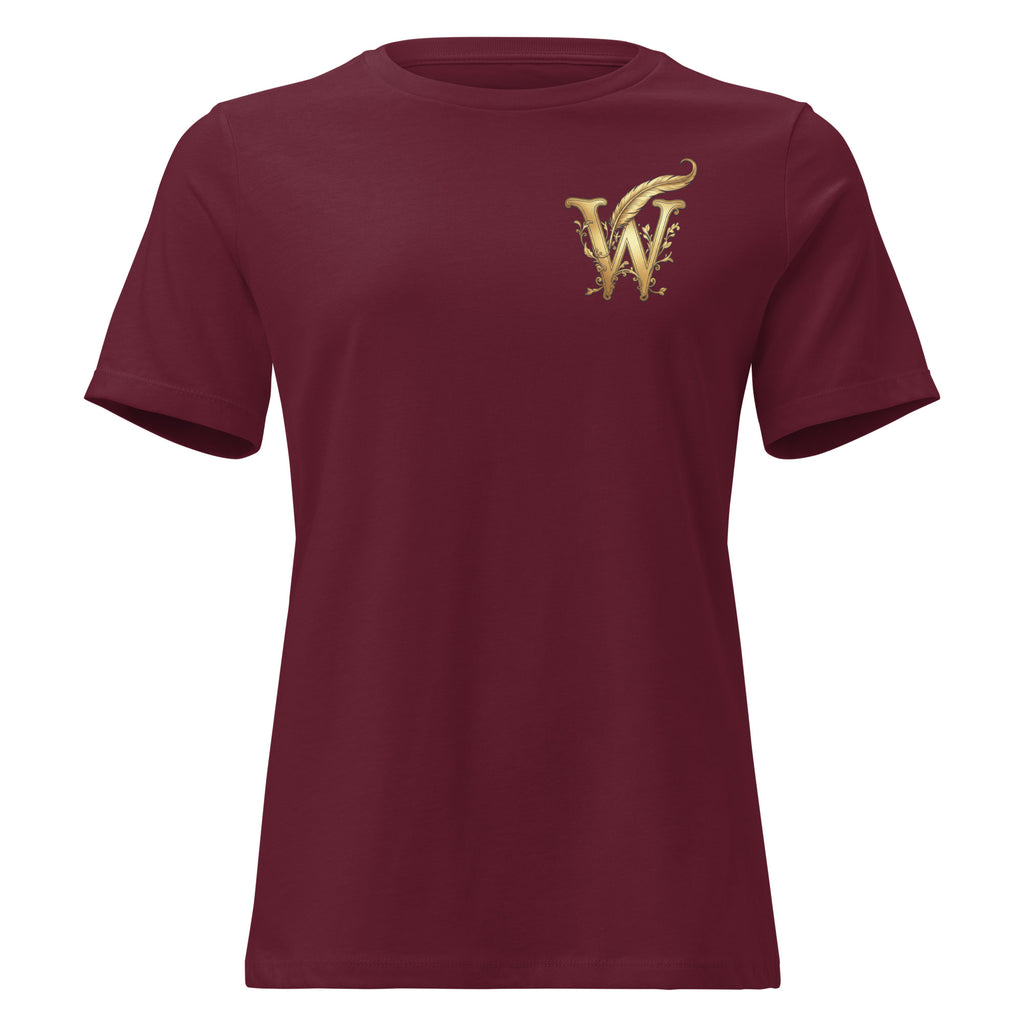Front view of women’s relaxed-fit crewneck T-shirt with a gold Wordwhispers W-and-quill emblem on the left chest in maroon
