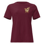 Front view of women’s relaxed-fit crewneck T-shirt with a gold Wordwhispers W-and-quill emblem on the left chest in maroon